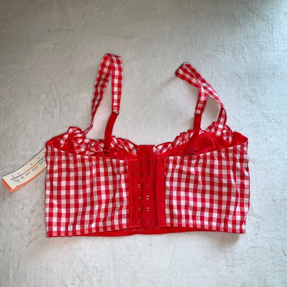 Colsie red and white gingham check picnic cotton longline bra bralette XS new